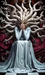 a woman that is sitting down with her hair in the air