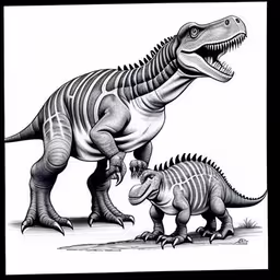 an adult and baby dinosaur in black and white,a drawing of two dinosaurs standing next to each other