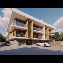 a white car is parked in front of a large building