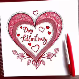 valentine card with a red heart on top,a pen and paper with a red ink drawing of a heart that says happy valentine