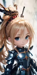 a doll is sitting down wearing armor and holding a sword