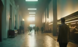 man walking through light filled hallway with walls and floor