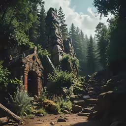 a rocky trail leads to several stone structures in the woods