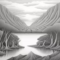 a drawing of some water in the distance,the landscape is shown as if it were in a surreal land,a drawing that is on the back of a book,a drawing that is in the middle of some water,this black and white painting has an artistic scene