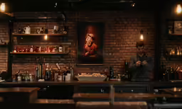 a bartender behind the bar at a small restaurant