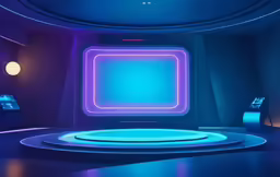 a room with a neon blue and purple backdrop