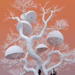a group of people are walking along an abstract picture of umbrellas