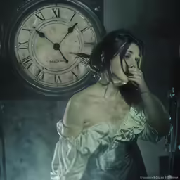 a woman with an elaborate dress on is holding a cell phone in front of a clock
