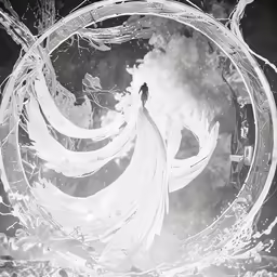 the woman with a long veil in black and white