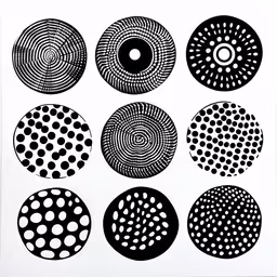 the nine shapes in black and white are depicted,six different circular artwork on a white background