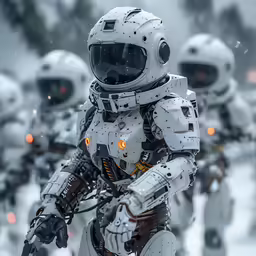 several people in full - body space suits walking through the snow