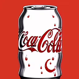 a bottle of soda that is on a red surface,a can of coca cola on red background,an artistic painting of a can of coke,a beer can is red with drops of water,a can of coca - cola soda on a red background