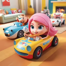 a woman riding on the back of a toy car in a living room