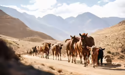 a herd of cattle walking down a dirt road next to mountains