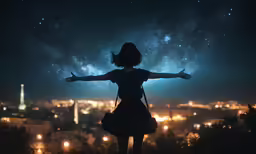 a girl standing on top of a hill overlooking the city