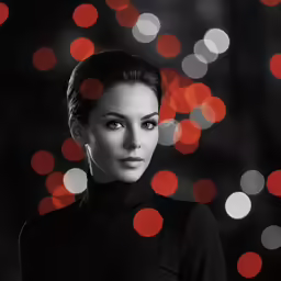 the woman is wearing ear pins and black dress