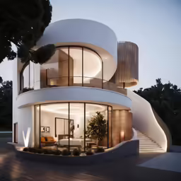 a circular building with a spiral staircase and a bedroom