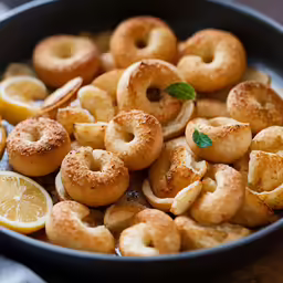 baked donuts arranged in a skillet and on top of a table