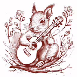 the squirrel playing guitar is surrounded by branches,squirrel playing the guitar with an animal with flowers in the background