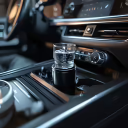 a cup in the center console of a car