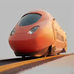 an orange train is coming down the tracks