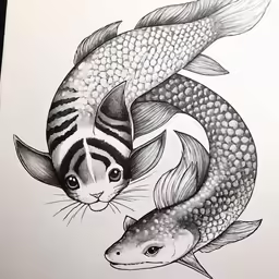two fish are facing each other and one is black and white