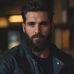 a bearded man with his arm crossed is looking into the distance