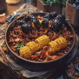 this is a bowl with black corn on the cob