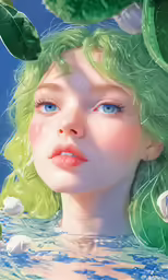 a painting of a female with green hair and leaves