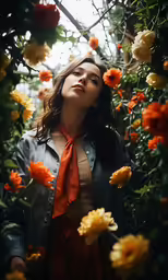 a woman standing in flowers wearing an orange tie