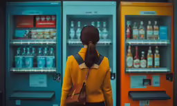 a woman with her back turned walking towards a vending machine
