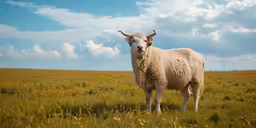 the large, horned goat stands in the midst of tall grass