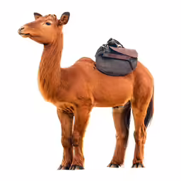 a camel with a backpack on its back