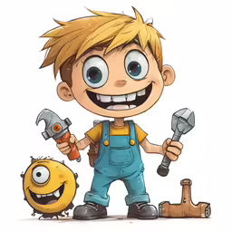 a cartoon boy holding hammers and an object