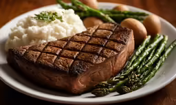a piece of beef and mashed potatoes are arranged on a white plate