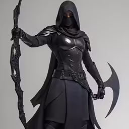 a man in a black outfit holding a sword and wearing a hooded hood