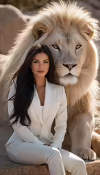 the woman sits next to a large lion