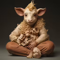 a weird looking animal with horns sits on the ground