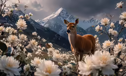 a deer is standing in a field of flowers