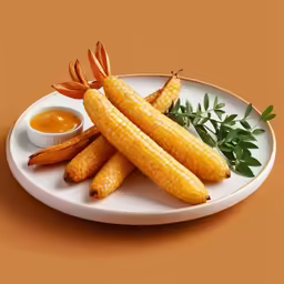 a plate of corn on the cob and a bowl of butter on a yellow surface