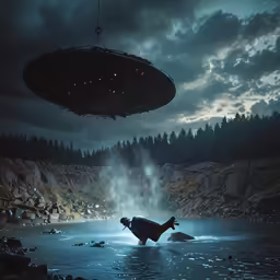 large alien hovering in dark water next to some shore