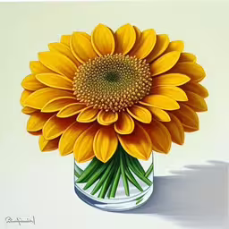 there is a painting of a yellow sunflower in a vase,this is a painting of a bright yellow flower in a clear vase
