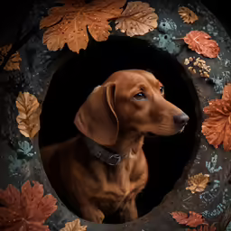 a dog that is sitting in a floral wreath