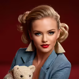 there is a woman holding a teddy bear and posing