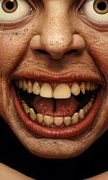 the face of a creepy looking monster with an odd smile