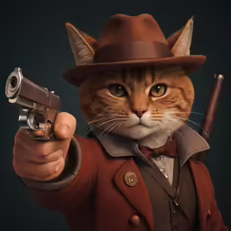 cat with gun in its paws, on a dark background