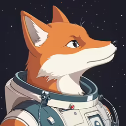 an orange and white fox wearing a space suit