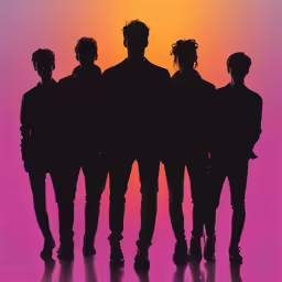 several young men standing together as the sun sets in the background