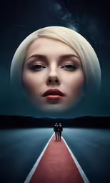 two people standing on a road at night