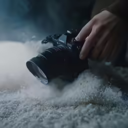 a camera with its lens pointed down at a mixture of salt